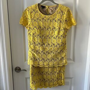 Talbots Sunny Lemon Yellow 3pc Skirt Set Floral Eyelet Lace Nude Lining